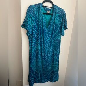 Chico blue green Ocean sea pattern split neck dress - 20-22 (size 4)